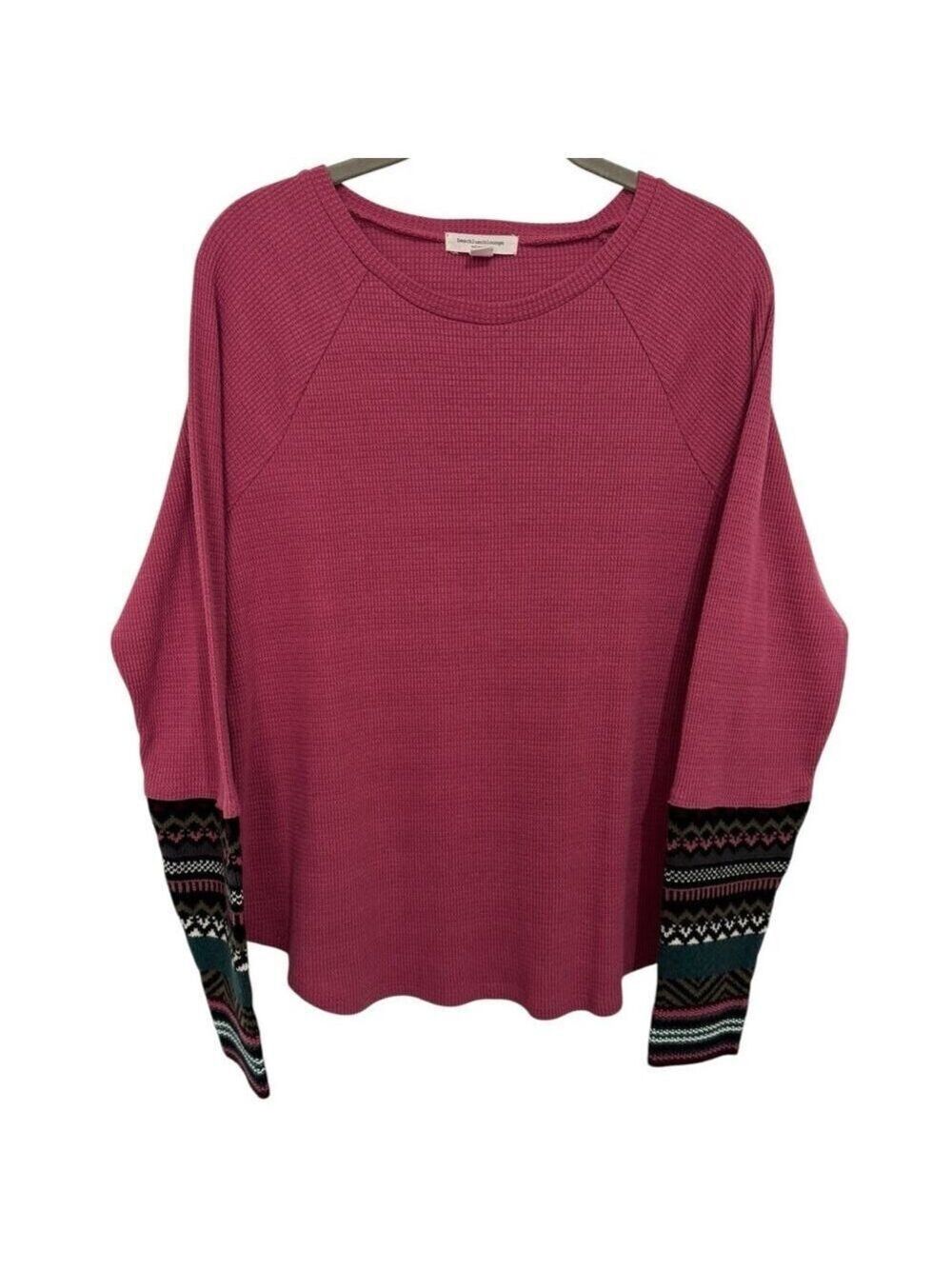 Beachlunchlounge Dark Pink Waffle Knit Thermal Size XL Sweater Cuffs Aztec